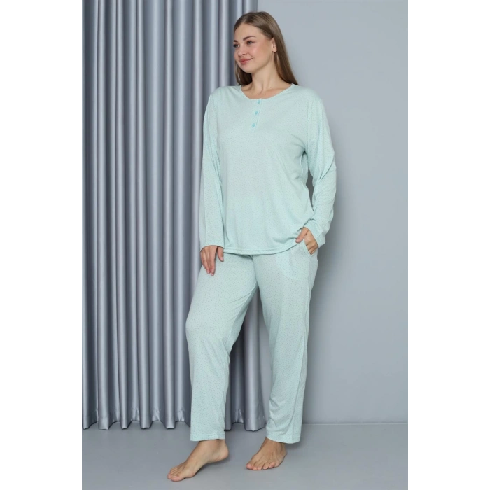 MARSiLYAN- Kadın Büyük Beden Penye Uzun Kol Pijama Takım Su Yeşili