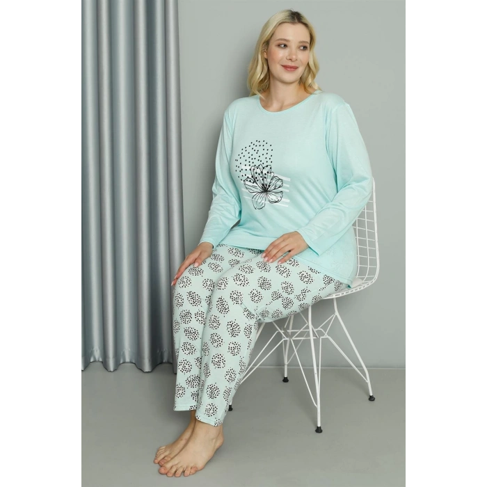 MARSiLYAN- Kadın Büyük Beden Penye Uzun Kol Pijama Takım Su Yeşili