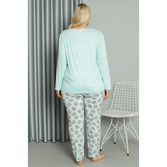 MARSiLYAN- Kadın Büyük Beden Penye Uzun Kol Pijama Takım Su Yeşili