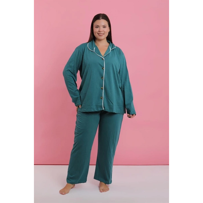MARSiLYAN- Kadın Büyük Beden Petrol Rengi Düğmeli Pijama Takımı