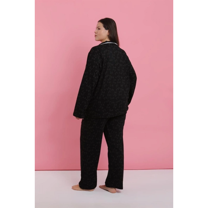MARSiLYAN- Kadın Büyük Beden Siyah Beyaz Biyeli Desenli Düğmeli Pijama Takımı