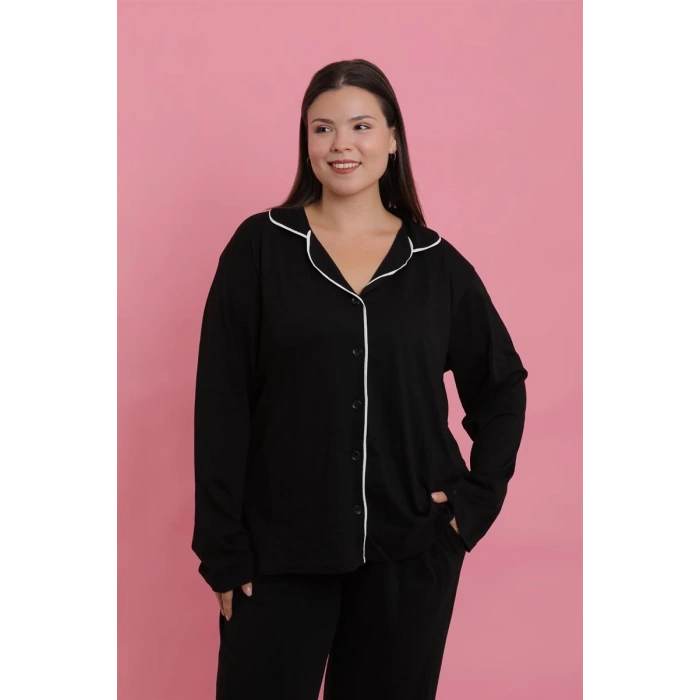MARSiLYAN- Kadın Büyük Beden Siyah Düğmeli Pijama Takımı