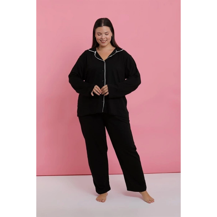 MARSiLYAN- Kadın Büyük Beden Siyah Düğmeli Pijama Takımı