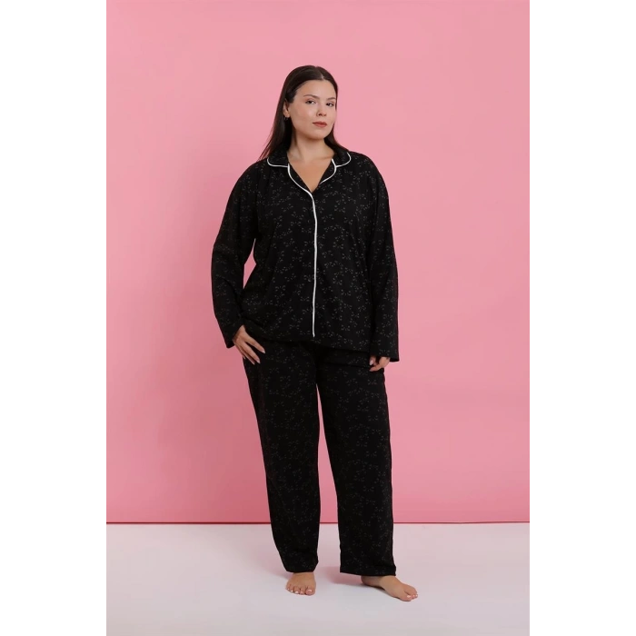 MARSiLYAN- Kadın Büyük Beden Siyah Kırmızı Çiçekli Düğmeli Pijama Takımı