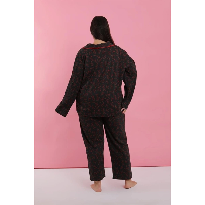 MARSiLYAN- Kadın Büyük Beden Siyah Kırmızı Çiçekli Düğmeli Pijama Takımı