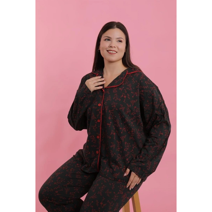 MARSiLYAN- Kadın Büyük Beden Siyah Kırmızı Çiçekli Düğmeli Pijama Takımı
