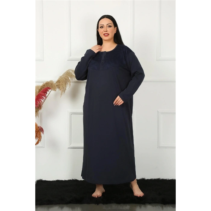 MARSiLYAN- Kadın Büyük Beden Uzun Kol Dantelli Lacivert Anne Gecelik