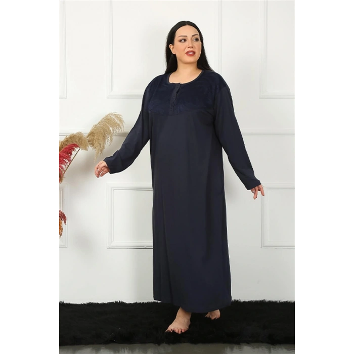 MARSiLYAN- Kadın Büyük Beden Uzun Kol Dantelli Lacivert Anne Gecelik