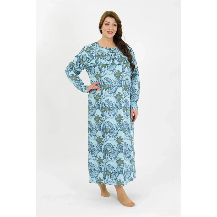 MARSiLYAN- Kadın Büyük Beden Uzun Kol Mavi Anne Gecelik
