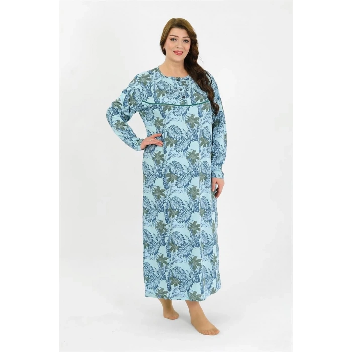 MARSiLYAN- Kadın Büyük Beden Uzun Kol Mavi Anne Gecelik