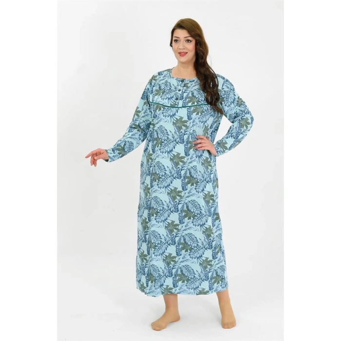 MARSiLYAN- Kadın Büyük Beden Uzun Kol Mavi Anne Gecelik