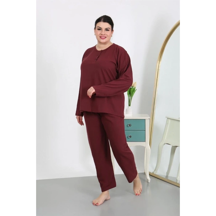 MARSiLYAN- Kadın Büyük Beden Uzun Kol Penye Pijama Takımı Bordo