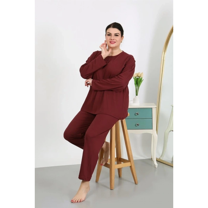 MARSiLYAN- Kadın Büyük Beden Uzun Kol Penye Pijama Takımı Bordo