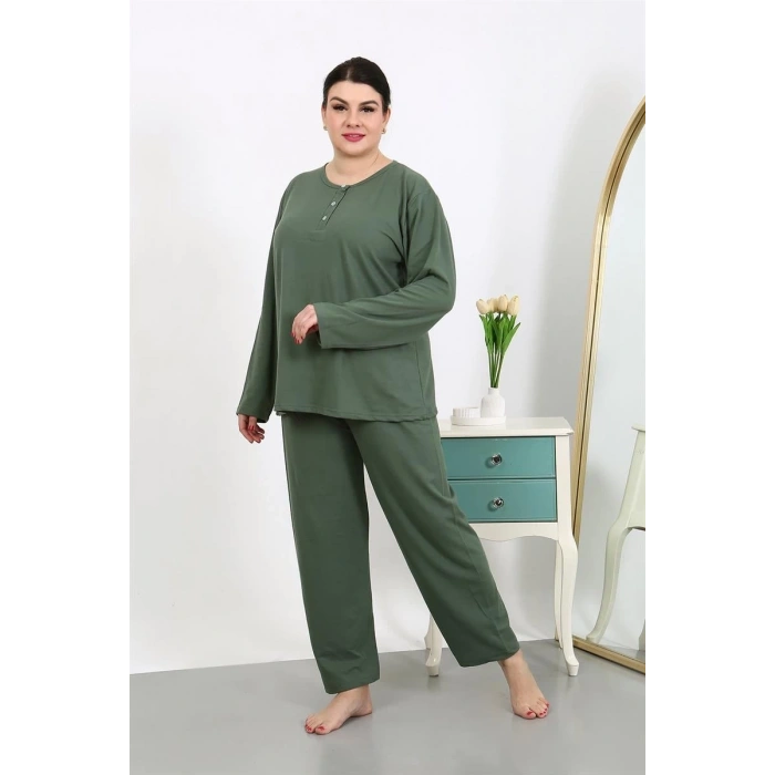 MARSiLYAN- Kadın Büyük Beden Uzun Kol Penye Pijama Takımı Haki