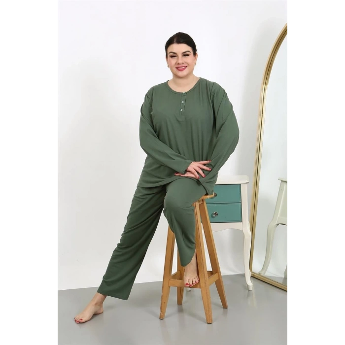 MARSiLYAN- Kadın Büyük Beden Uzun Kol Penye Pijama Takımı Haki