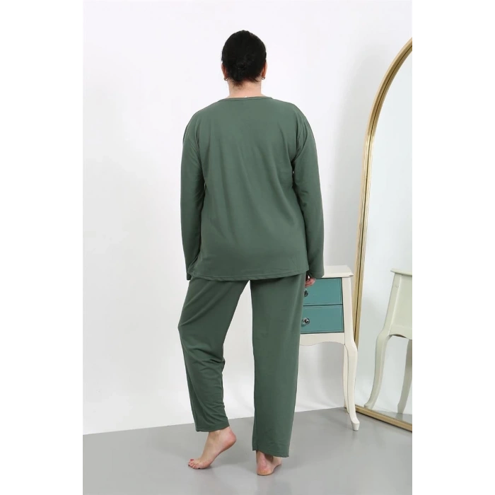 MARSiLYAN- Kadın Büyük Beden Uzun Kol Penye Pijama Takımı Haki
