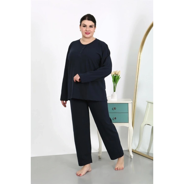 MARSiLYAN- Kadın Büyük Beden Uzun Kol Penye Pijama Takımı Lacivert