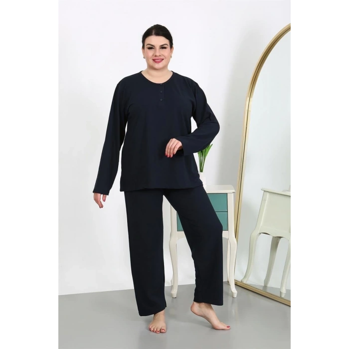 MARSiLYAN- Kadın Büyük Beden Uzun Kol Penye Pijama Takımı Lacivert