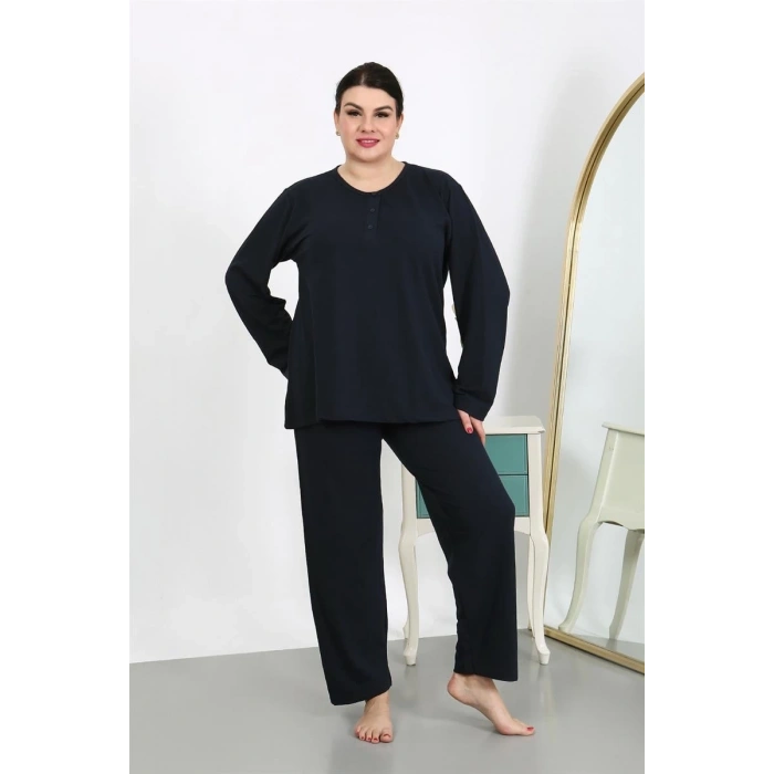 MARSiLYAN- Kadın Büyük Beden Uzun Kol Penye Pijama Takımı Lacivert