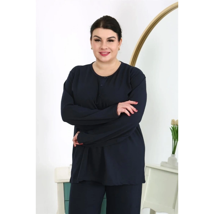 MARSiLYAN- Kadın Büyük Beden Uzun Kol Penye Pijama Takımı Lacivert
