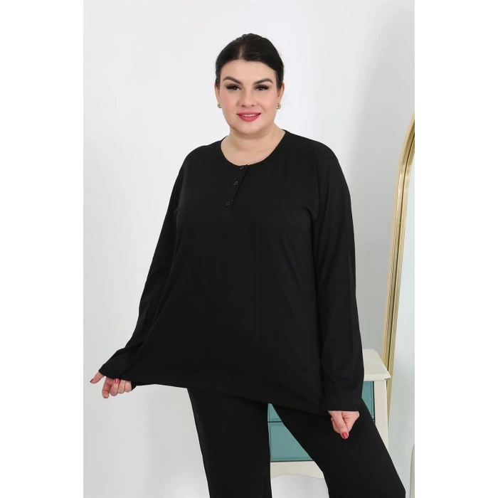 MARSiLYAN- Kadın Büyük Beden Uzun Kol Penye Pijama Takımı Siyah