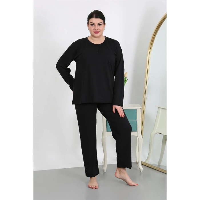 MARSiLYAN- Kadın Büyük Beden Uzun Kol Penye Pijama Takımı Siyah