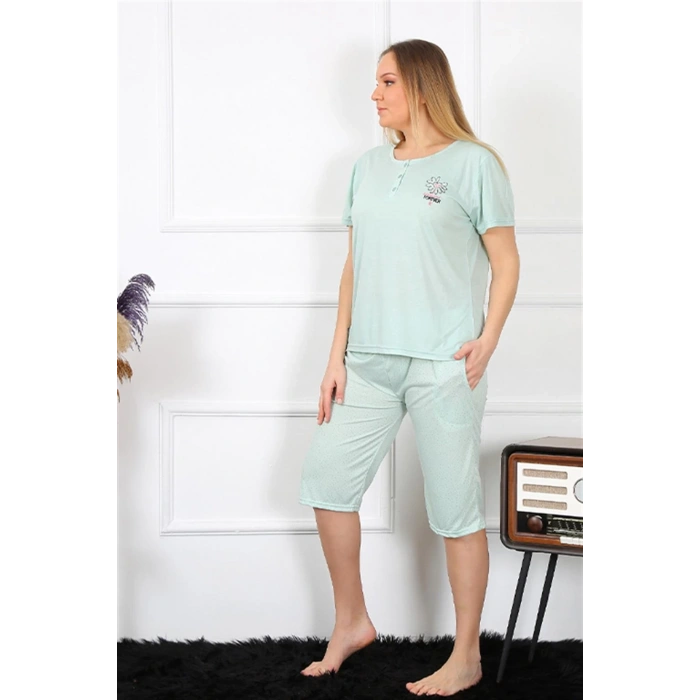 MARSiLYAN- Kadın Büyük Beden Viscon Su Yeşili Kapri Pijama Takım
