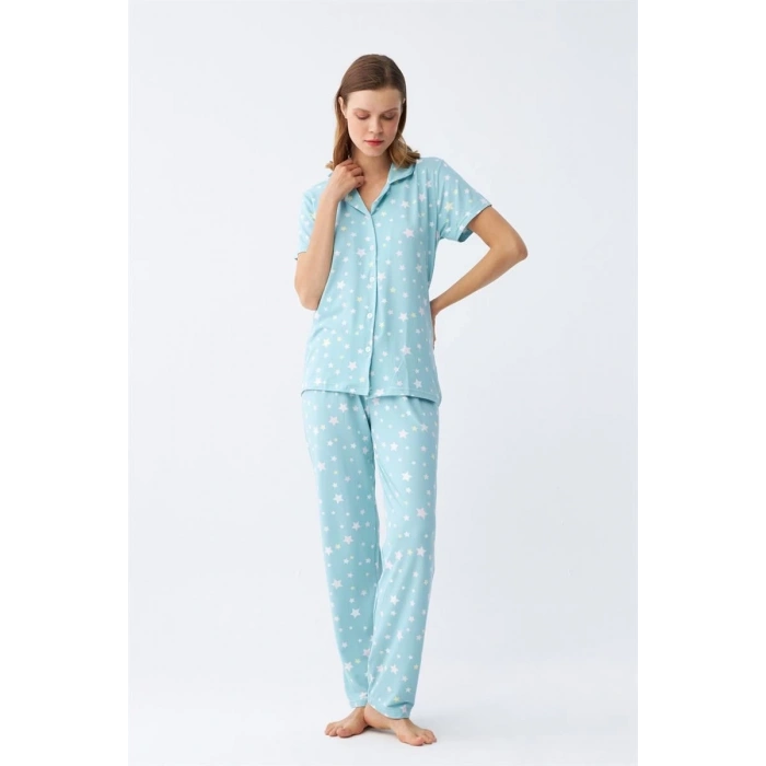 MARSiLYAN- Kadın Buz Mavisi Yıldız Desenli Önden Düğmeli Pijama Takımı