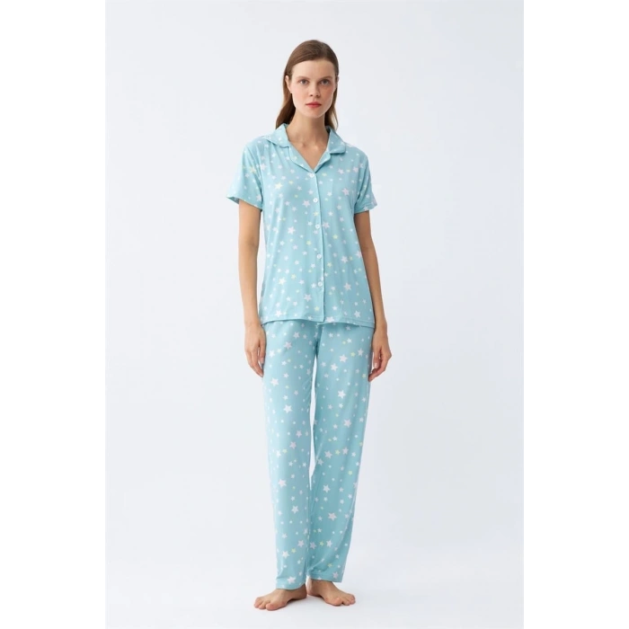 MARSiLYAN- Kadın Buz Mavisi Yıldız Desenli Önden Düğmeli Pijama Takımı