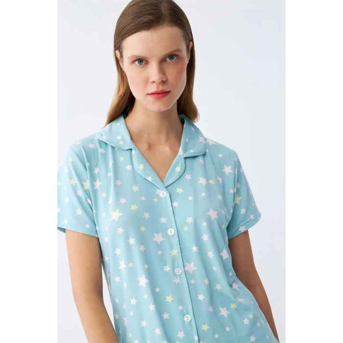 MARSiLYAN- Kadın Buz Mavisi Yıldız Desenli Önden Düğmeli Pijama Takımı