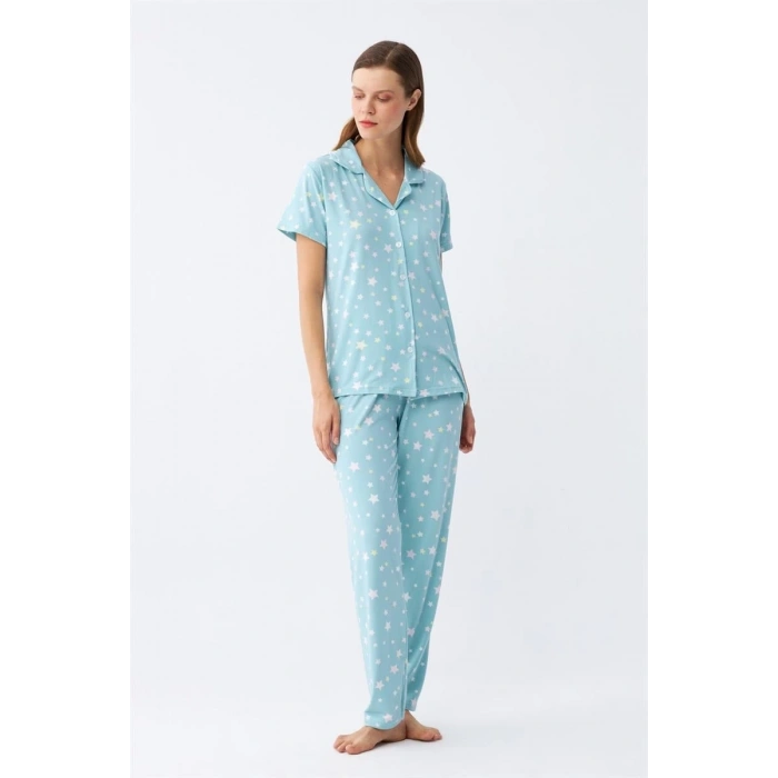 MARSiLYAN- Kadın Buz Mavisi Yıldız Desenli Önden Düğmeli Pijama Takımı