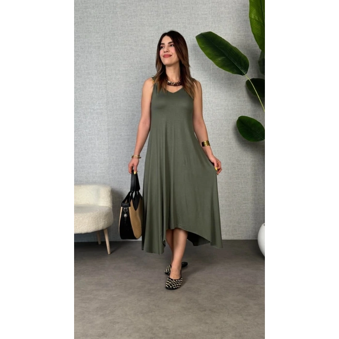 MARSiLYAN- Kadın çan Dokuma Kumaş V Yaka Asimetrik Kesim Elbise