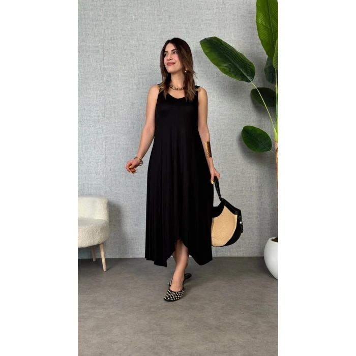 MARSiLYAN- Kadın çan Dokuma Kumaş V Yaka Asimetrik Kesim Elbise