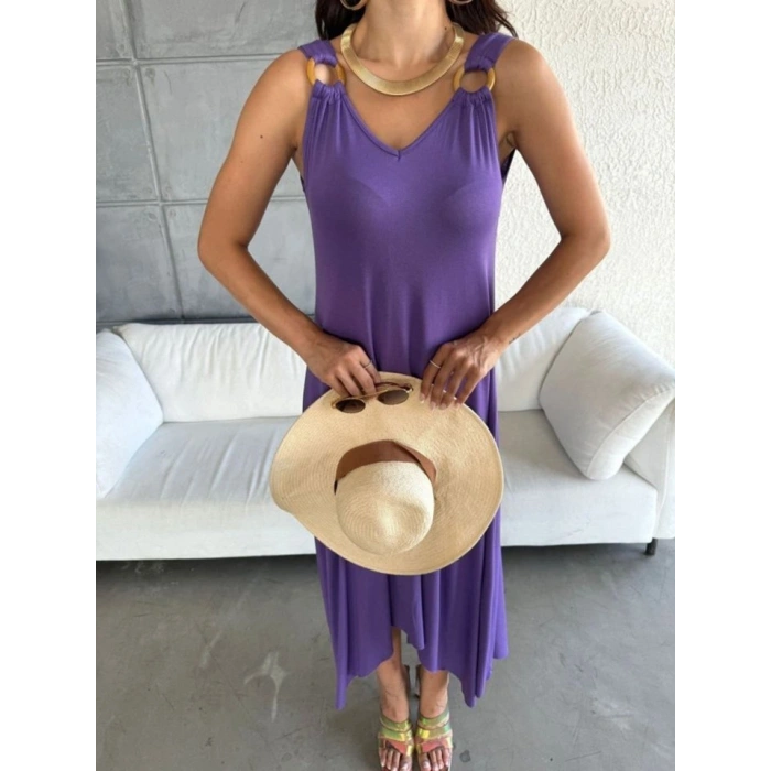 MARSiLYAN- Kadın çan Dokuma Kumaş V Yaka Asimetrik Kesim Elbise