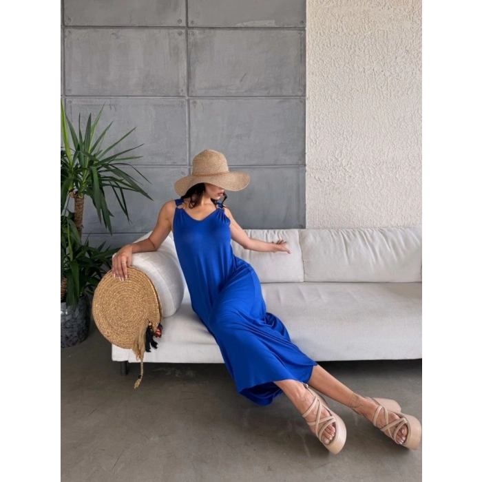 MARSiLYAN- Kadın çan Dokuma Kumaş V Yaka Asimetrik Kesim Elbise