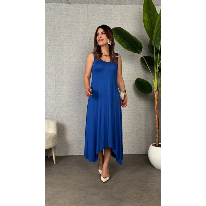 MARSiLYAN- Kadın çan Dokuma Kumaş V Yaka Asimetrik Kesim Elbise