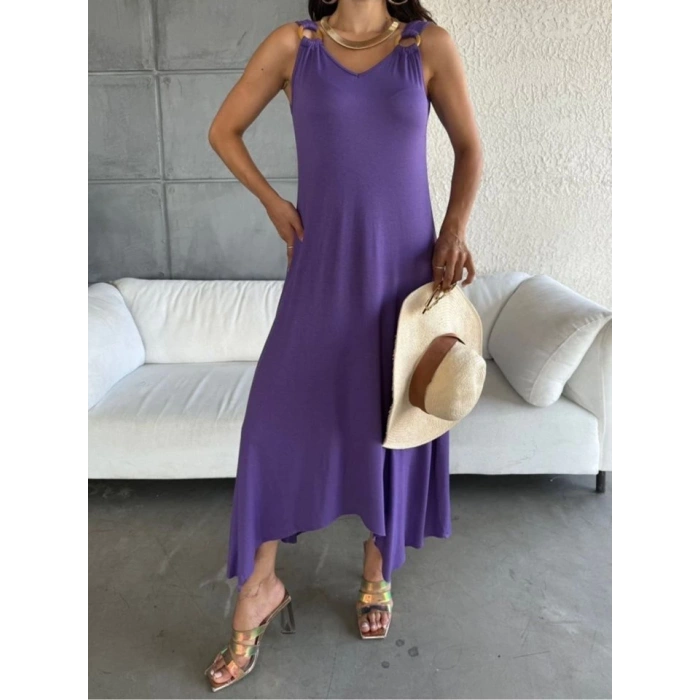 MARSiLYAN- Kadın çan Dokuma Kumaş V Yaka Asimetrik Kesim Elbise