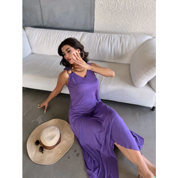 MARSiLYAN- Kadın çan Dokuma Kumaş V Yaka Asimetrik Kesim Elbise