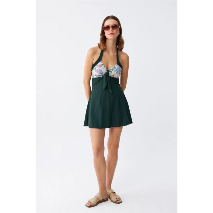 MARSiLYAN- Kadın Çiçek Desenli Fiyonklu Haki Elbise Mayo