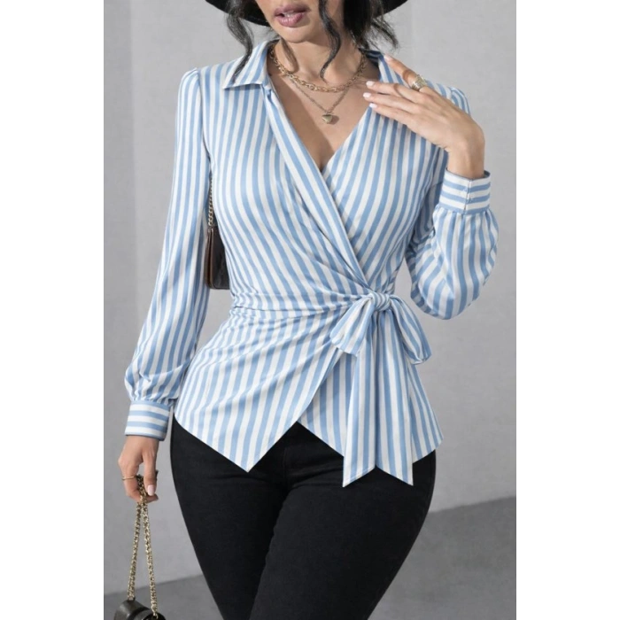 MARSiLYAN- Kadın çizgili Kruvaze Bağlamalı Gömlek