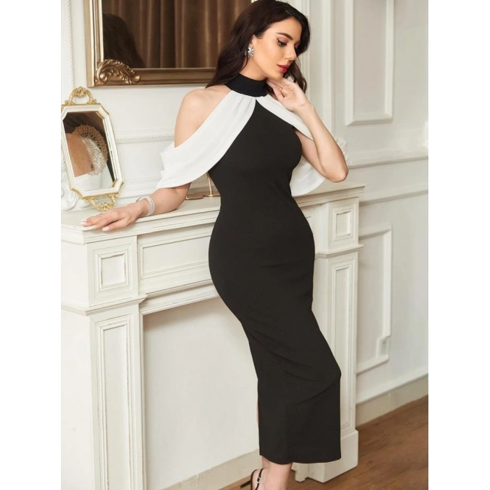 MARSiLYAN- Kadın Daire Yakalı Omuzlardan Kollara Yayılan Kanat Detaylı çift Renkli Uzun Ithal Krep Elbise