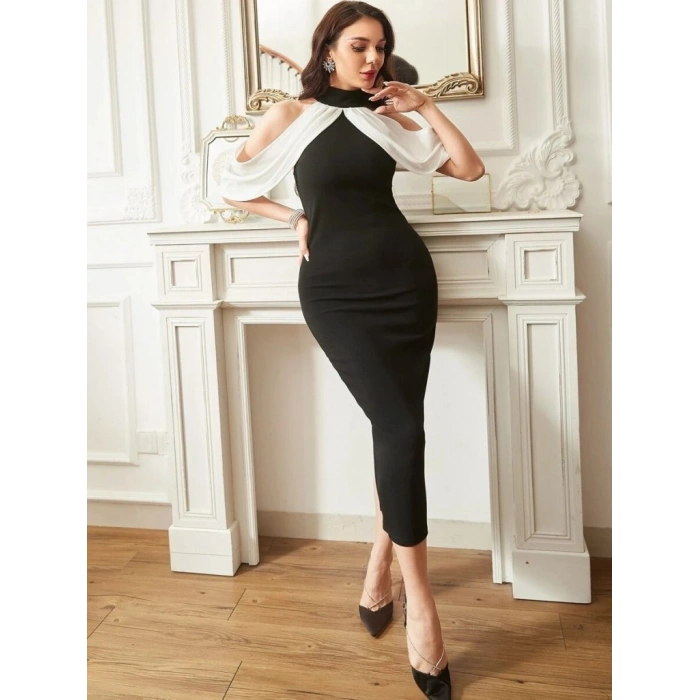 MARSiLYAN- Kadın Daire Yakalı Omuzlardan Kollara Yayılan Kanat Detaylı çift Renkli Uzun Ithal Krep Elbise