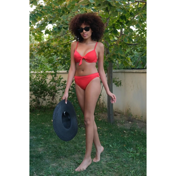 MARSiLYAN- Kadın Destekli Fiyonklu Alt Üst Kırmızı Bikini Takım