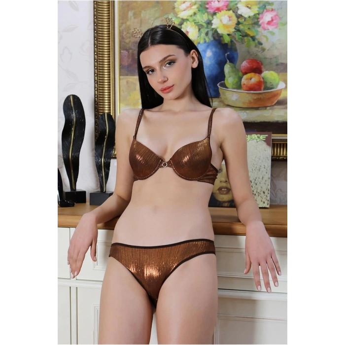 MARSiLYAN- Kadın Destekli Taş Detaylı Sütyen Takım Bakır