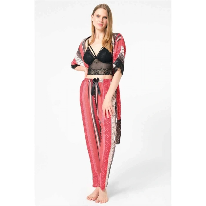 MARSiLYAN- Kadın Dokuma Viskon Çizgili Dantelli Sabahlık Balensiz Desteksiz Dolgusuz Zincir Askılı Yaka Detaylı Bralet Sütyen ve Pantolon Pijama 3lü Takım (5665)