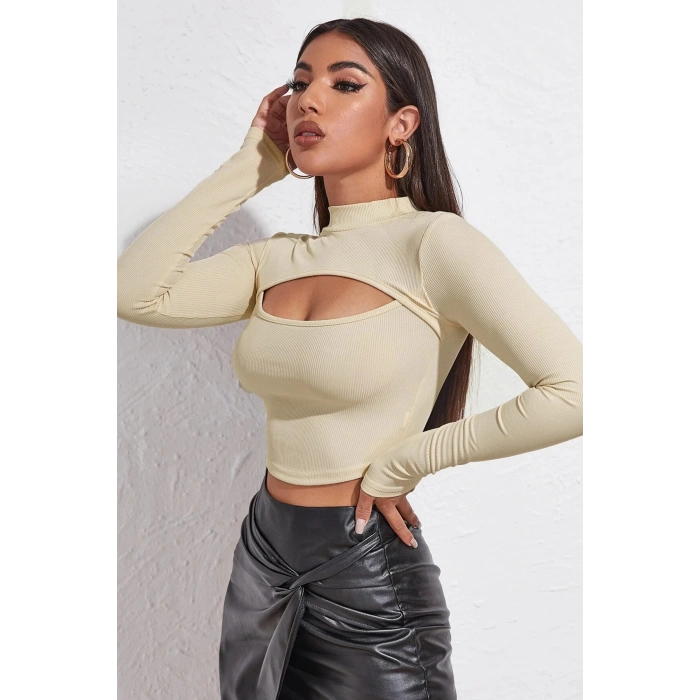 MARSiLYAN- Kadın Ekru Göğüs Dekolteli Uzun Kollu Cut Out Crop Top Bluz