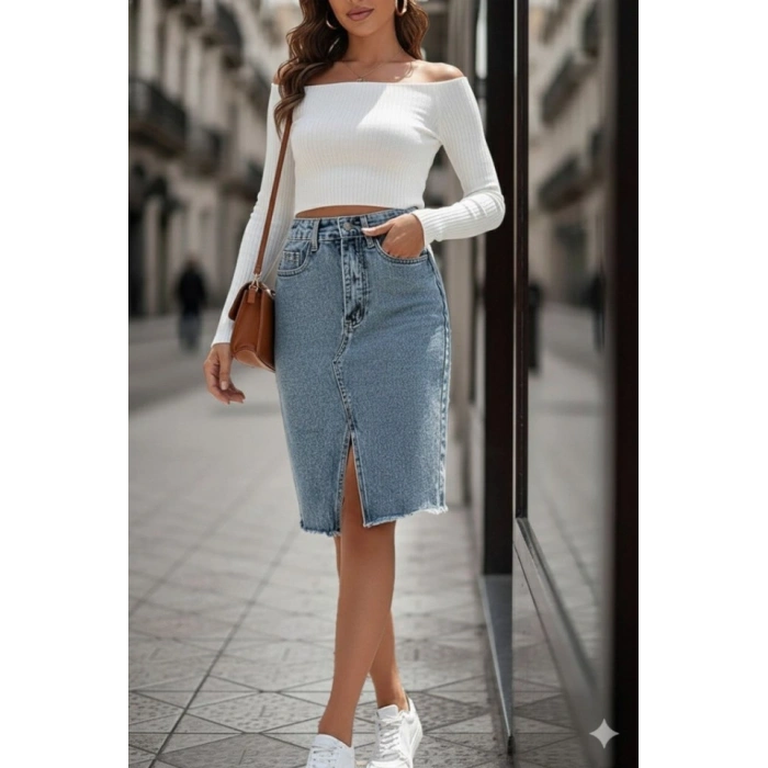 MARSiLYAN- Kadın Elastik Bel Yırtık Kenar Detaylı Kot Etek