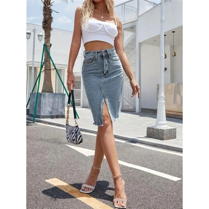 MARSiLYAN- Kadın Elastik Bel Yırtık Kenar Detaylı Kot Etek