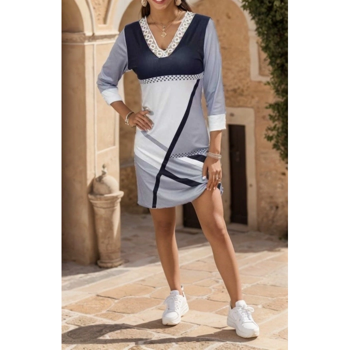 MARSiLYAN- Kadın Fakir Kollu V Dantel Yaka Geometrik Desenli Dalgıç Elbise