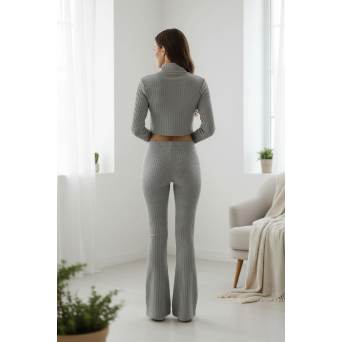 MARSiLYAN- Kadın Fitilli Eşofman Takımı – Gri Boğazlı Crop Üst & İspanyol Paça Pantolon, Esnek Rahat Kalıp